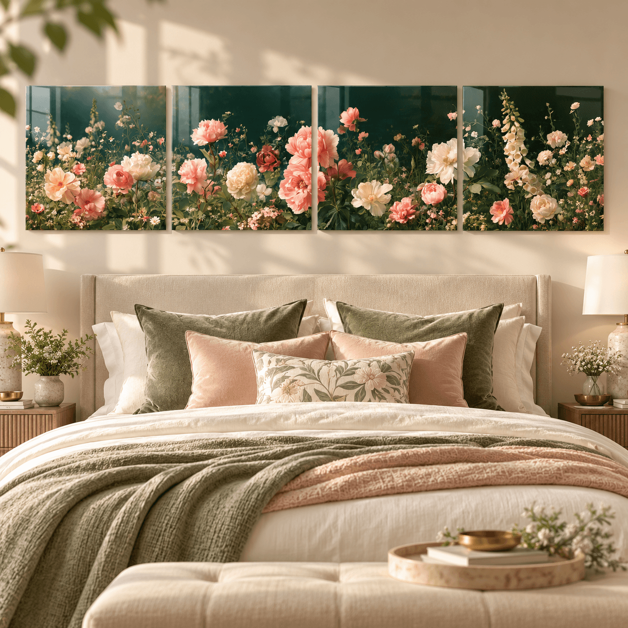 Dark floral 4-panel glass wall art above a beige upholstered bed with green and blush pillows